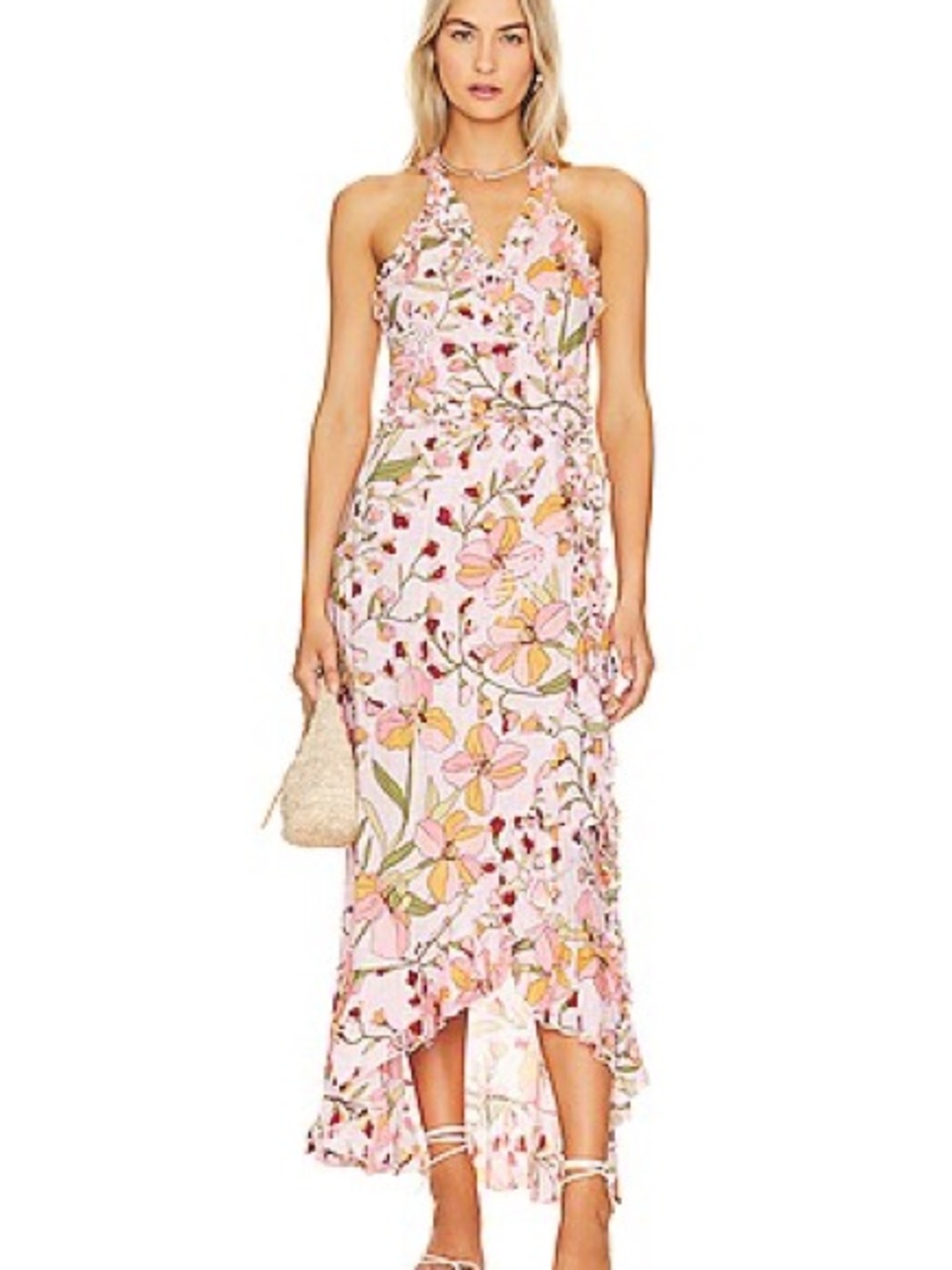 Poupette St Barth Long Wrap Dress Tamara Floral Pink Jonquille - Size Small